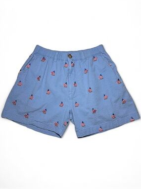 Chubbies Seersucker Sailboat Shorts Blue Embroidered USA Flag 5.5 Inseam Men’s M